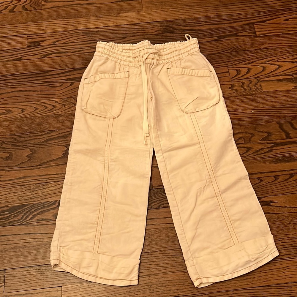 Free People Cream Wide-Leg Capris with Drawstring Waist